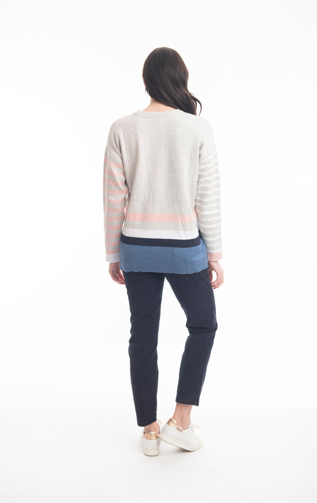 Orientique - Reversible Round Neck Light Grey Jumper with Striped Sleeves (1267 Col B)