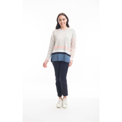 Orientique - Reversible Round Neck Light Grey Jumper with Striped Sleeves (1267 Col B)