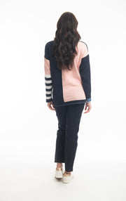 Orientique - Reversible Round Neck Light Grey Jumper with Striped Sleeves (1267 Col B)