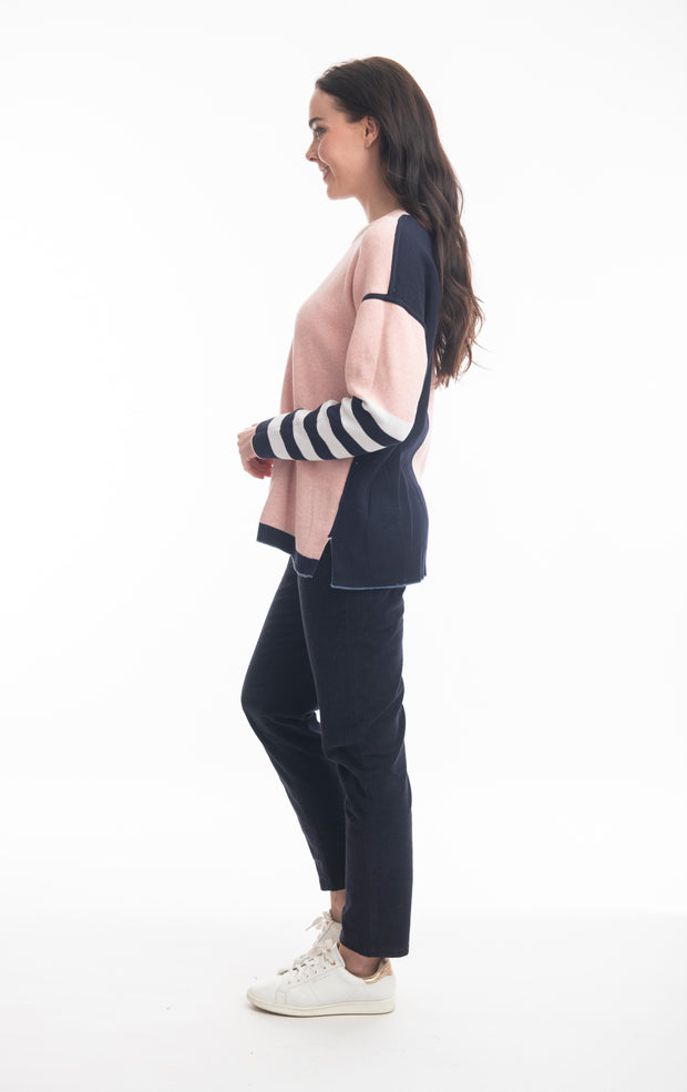 Orientique - Reversible Round Neck Light Grey Jumper with Striped Sleeves (1267 Col B)