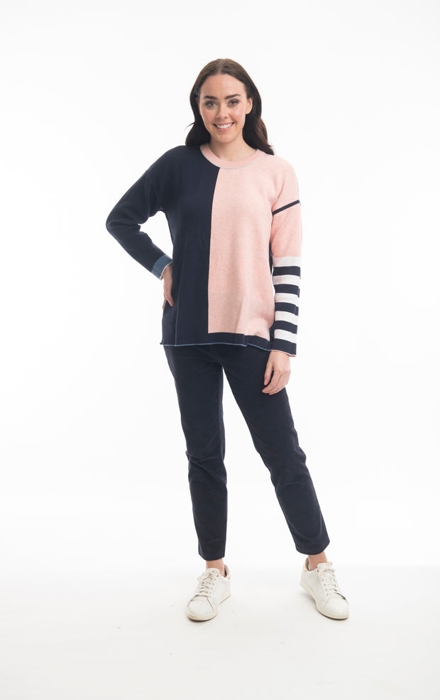 Orientique - Reversible Round Neck Light Grey Jumper with Striped Sleeves (1267 Col B)