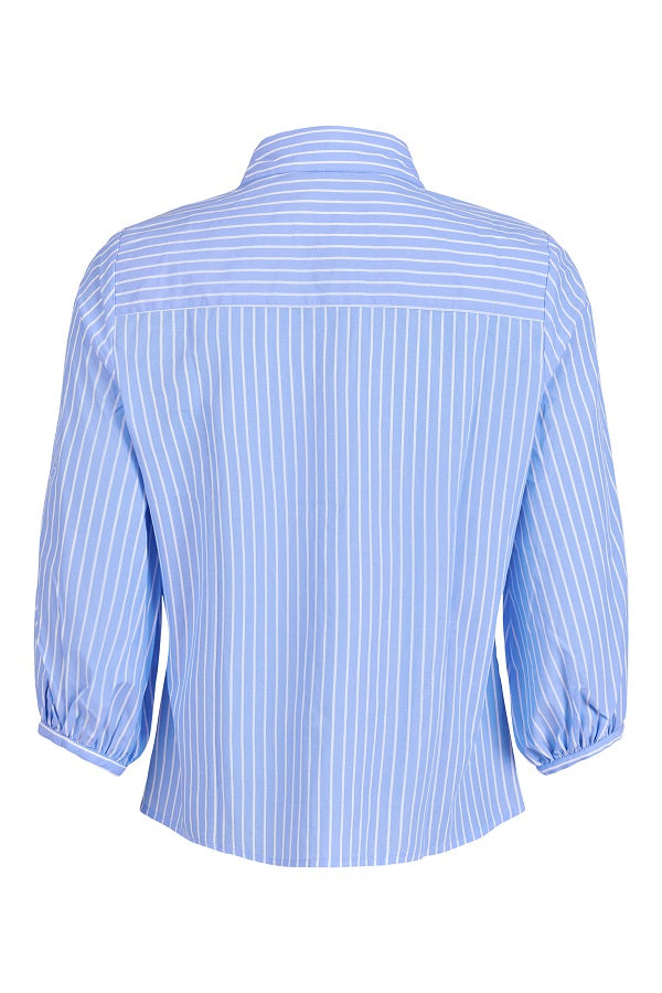 GOMAYE -  Blue & White Stripe 3/4 Sleeve Cotton Blouse