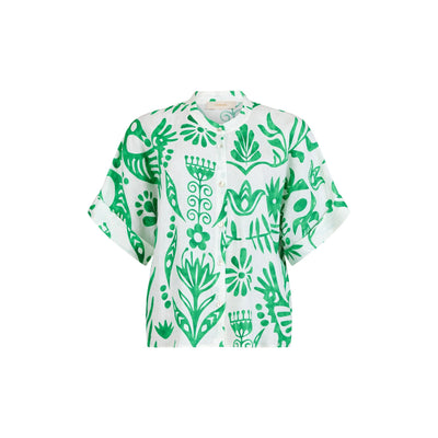 GOMAYE - Short Sleeve Linen Blouse in bold Green Print