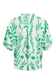 GOMAYE - Short Sleeve Linen Blouse in bold Green Print