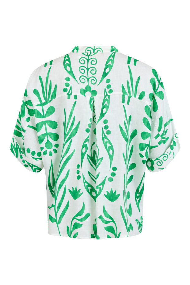 GOMAYE - Short Sleeve Linen Blouse in bold Green Print