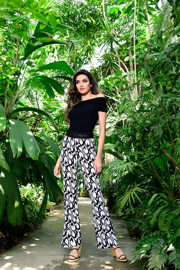 Robell – Joella -  Full Length Bootleg Trouser in Bold Black/White Print (53466-5510)