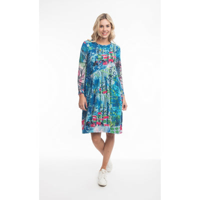 Orientique - Happy Place Long Sleeve Bubble Dress in Bold Blue Print (21079)