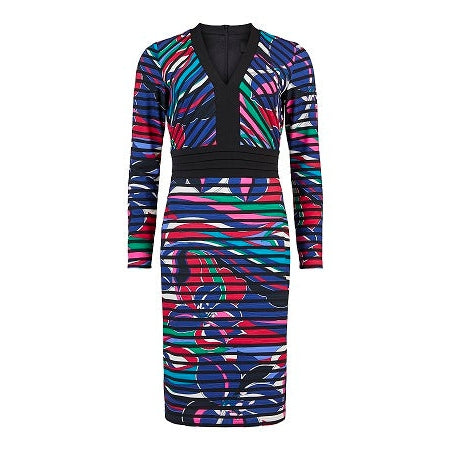 Tia - Long Sleeve V Neck Multi-Coloured Cocktail Dress