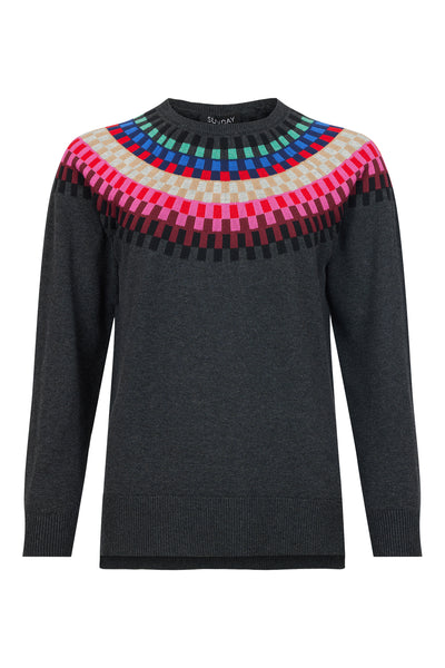 Sunday - Round Neck Jumper with Bright Multi Coloured Fairisle Design (6597-6317)