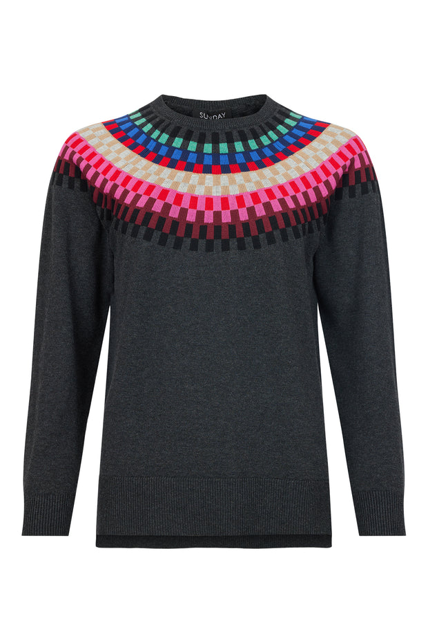 Sunday - Round Neck Jumper with Bright Multi Coloured Fairisle Design (6597-6317)