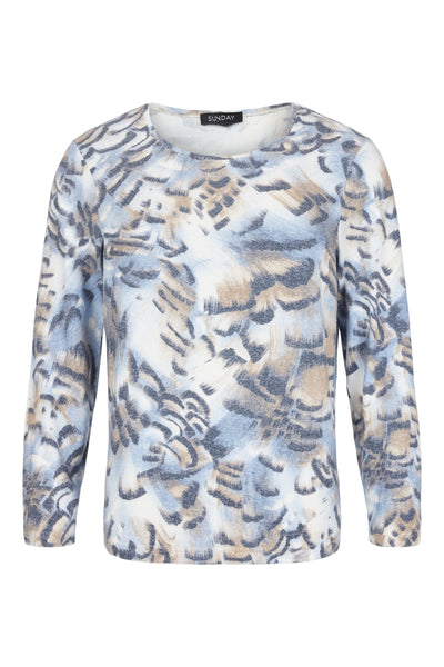 Sunday - Round Neck Long Sleeve Fine Knit Jumper a Bold Brush Strokes Print (6779-6384)