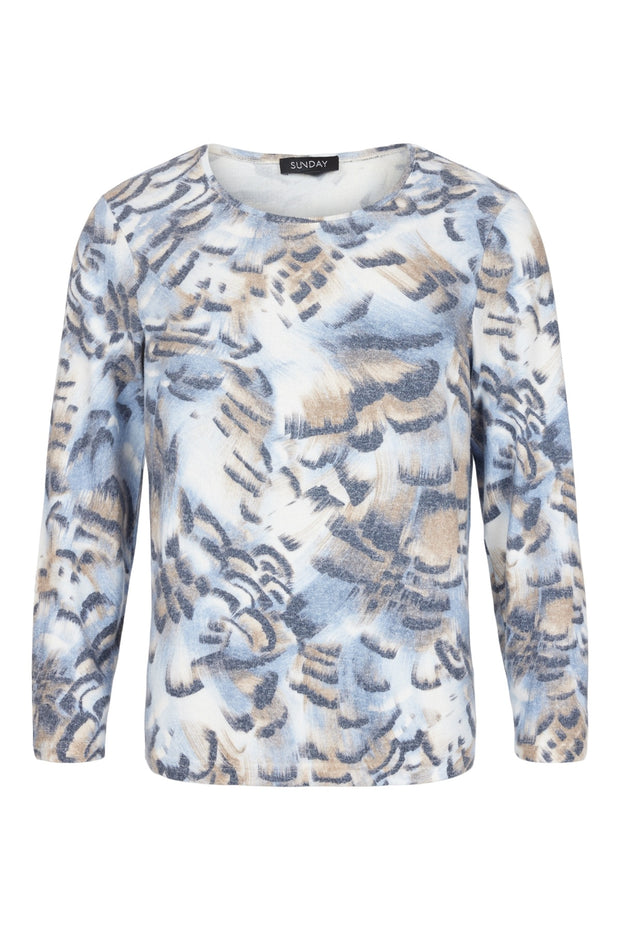 Sunday - Round Neck Long Sleeve Fine Knit Jumper a Bold Brush Strokes Print (6779-6384)