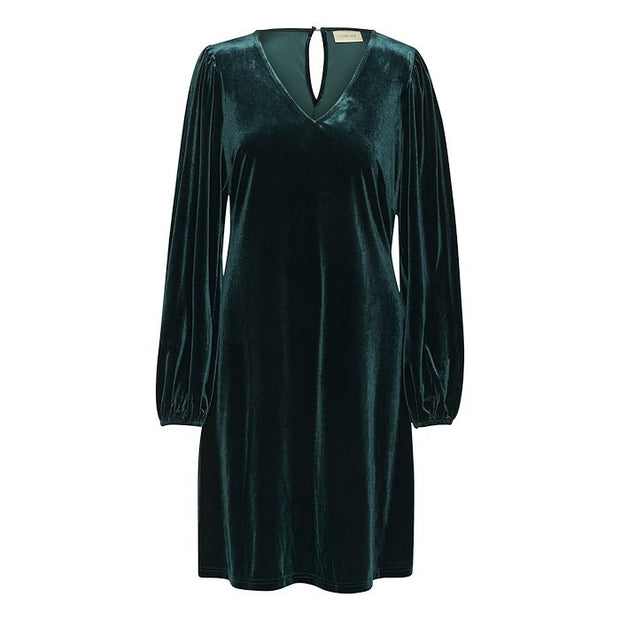 CREAM - CRPativa Long Sleeve V Neckline Dark Green Velour Dress (10613006)