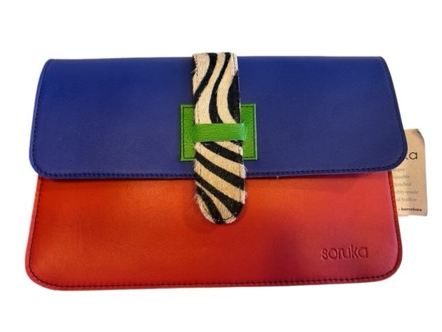 Soruka - Jana - Reverse Tab Red, Royal Blue & Grey Leather Shoulder/Cross body Bag