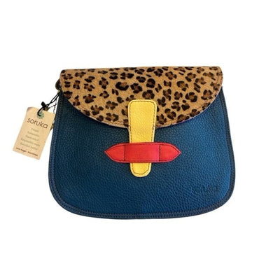 Soruka - Paula - Reverse Flap Leather Shoulder/Crossbody Bag, Blue/Yellow (81026)