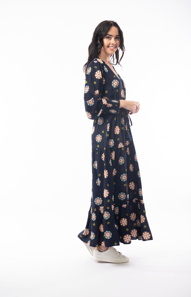 Orientique - Hera - Floaty Maxi Dress in Navy with bold print (7182)