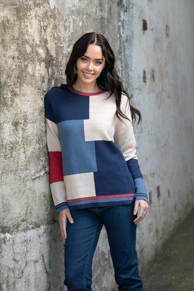 Orientique - Reversible Round Neck Colour Block/Stripe Jumper (1227 Col 2)