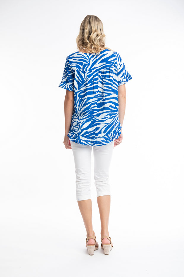 Orientique - Salamis - Short Sleeved Frilled Blouse in Bold Blue Print (62605)