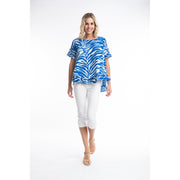 Orientique - Salamis - Short Sleeved Frilled Blouse in Bold Blue Print (62605)