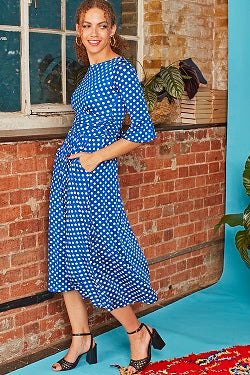 Onjenu - Tammy 3/4 Sleeve Midi Dress in Dot Blue