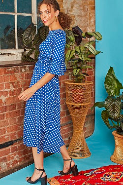 Onjenu - Tammy 3/4 Sleeve Midi Dress in Dot Blue