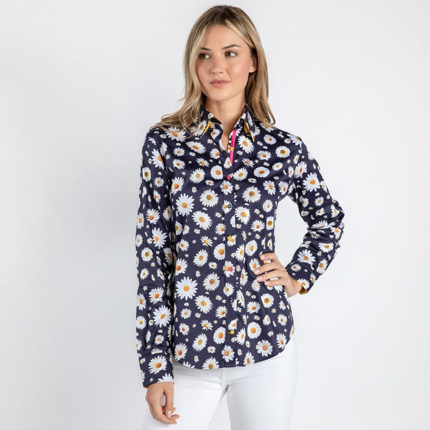 Claudio Lugli - Ladies Cotton Shirt - Daisy Flower on Navy Background (CLW2106)