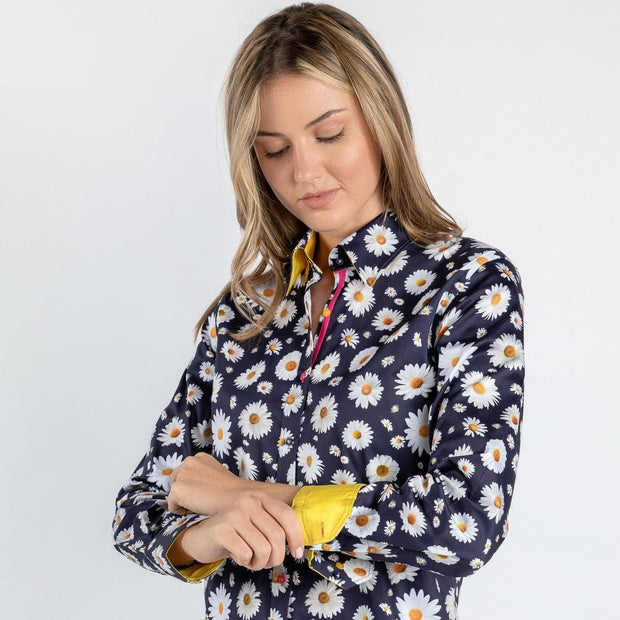 Claudio Lugli - Ladies Cotton Shirt - Daisy Flower on Navy Background (CLW2106)