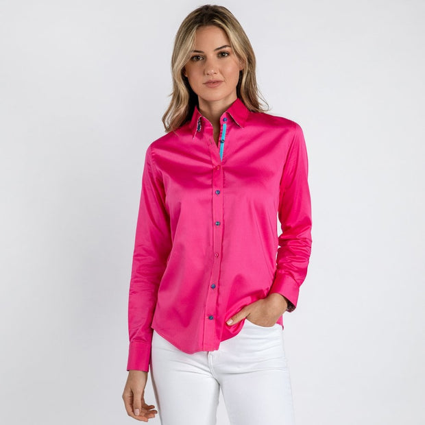 Claudio Lugli - Ladies Cotton Shirt - Plain Fuschia with Houndstooth Print Cuff (CLW2155)