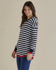 Betty Basics - Sophie- Fine Knit Round Neck Stripe Jumper with Red Edging (BB425)