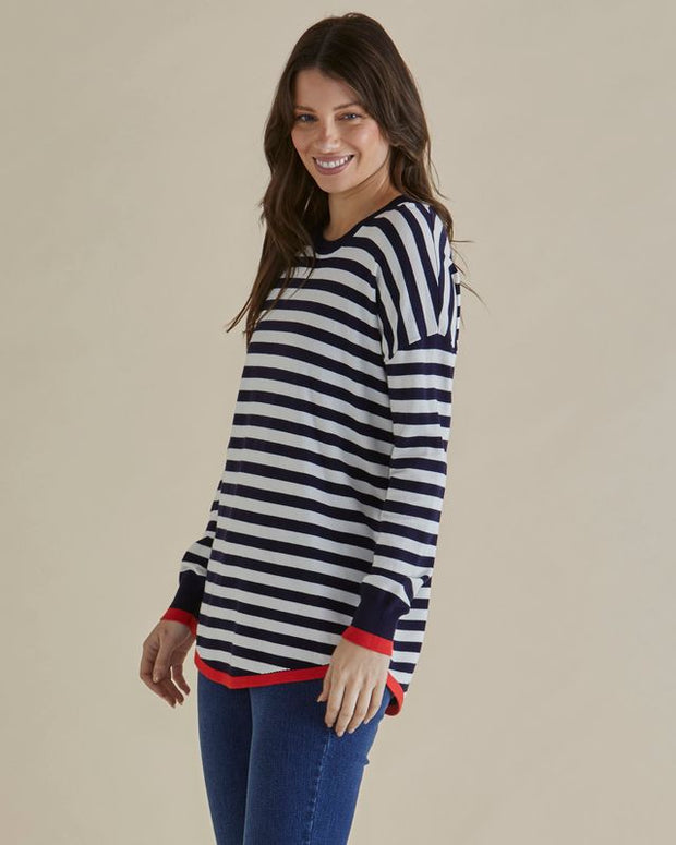 Betty Basics - Sophie- Fine Knit Round Neck Stripe Jumper with Red Edging (BB425)