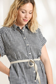 Mat De Misaine - Rabelo - Navy Check Cotton Shirt Dress with Belt