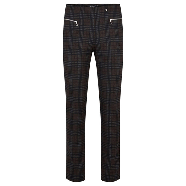 Robell – Mimi - Modern Slim Leg Ankle Length Trouser in Taupe & Black Check