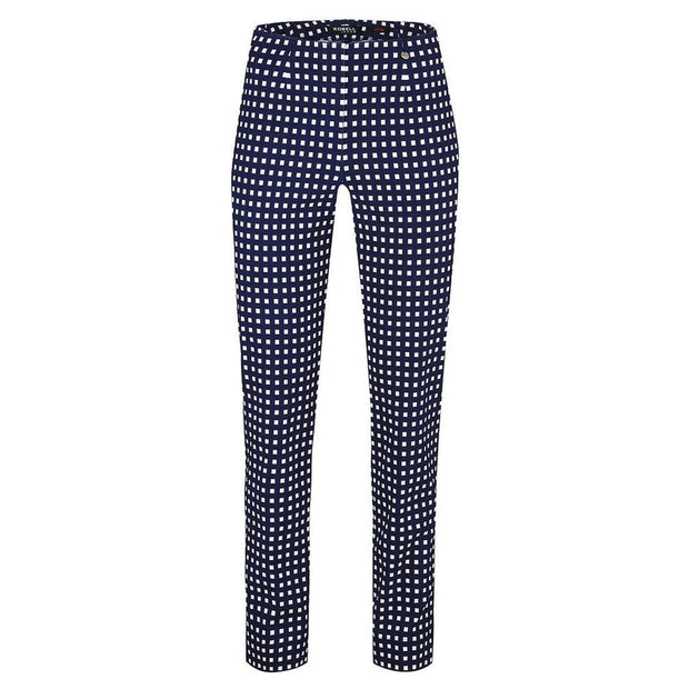 Robell – Marie - Straight Leg Full Length Navy Trousers with a White Square Design