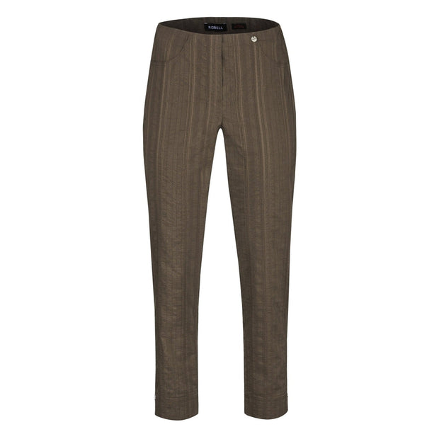 Robell – Bella 09 - Light Weight Cropped Trouser in Striped Seersucker Dark Taupe