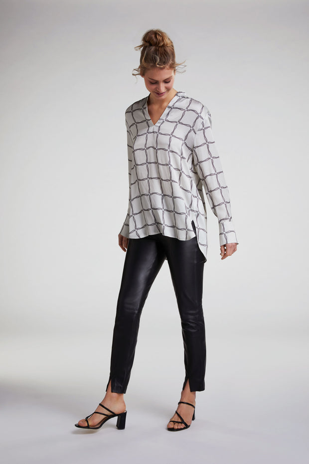 Oui -  Long Sleeve V Neck Tunic Top with Small Mandarin Collar