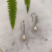 The Real Pearl Co. - Drop Hook Silver Earrings with White Drop Pearl below a Line of CZ