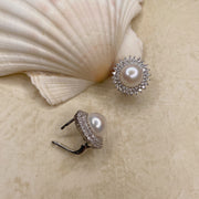 The Real Pearl Co. - Large White Pearl & CZ Round Stud Earrings