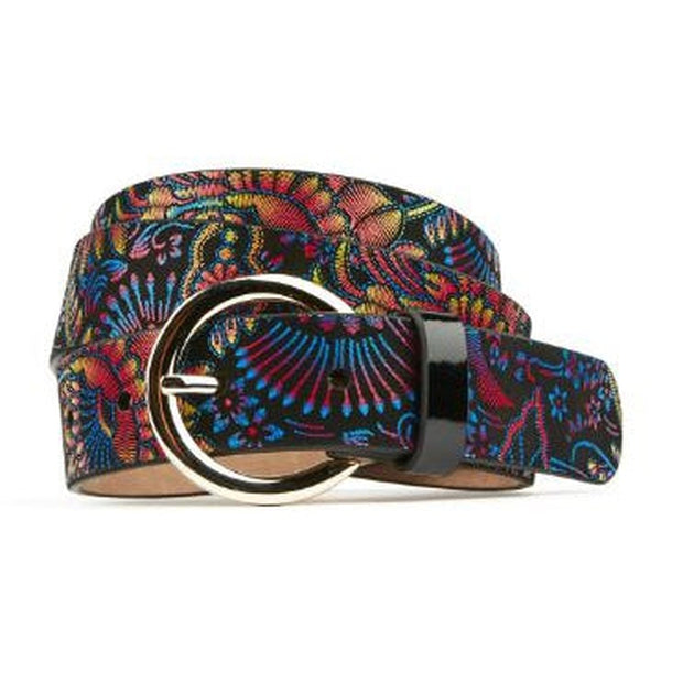 Embassy London - Emma - Ladies Leather Belt in Black and Blue Feather Print