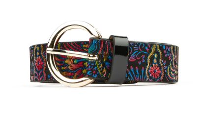 Embassy London - Emma - Ladies Leather Belt in Black and Blue Feather Print