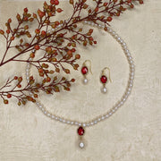 The Real Pearl Co. White Pearl, Red Crystal Drop Necklace & Earrings