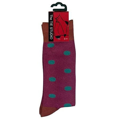 The Tie Studio - Men's Socks - Green Dots On Burgundy