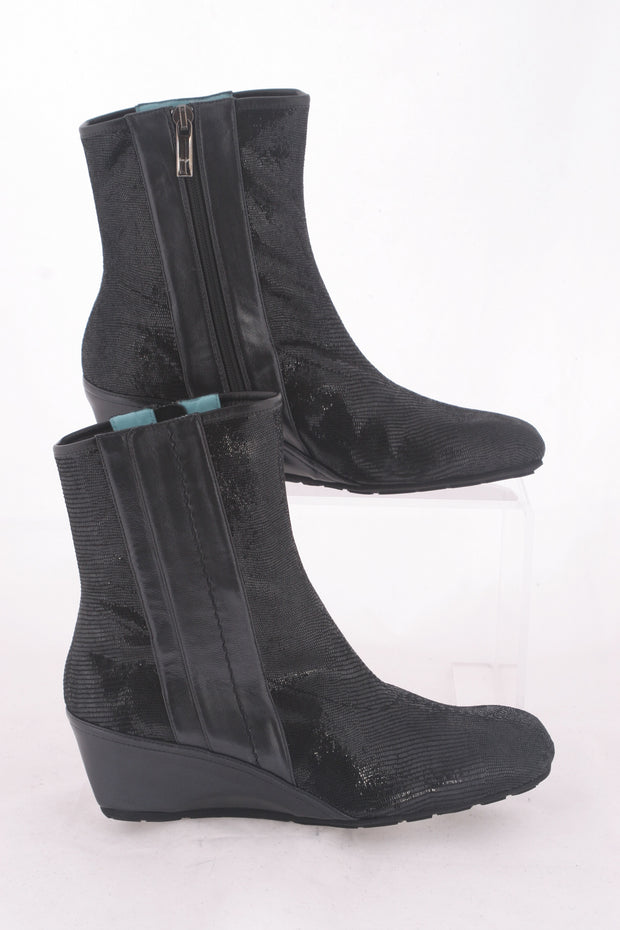 Thierry Rabotin – Travis Low Wedge Black Leather Ankle Boot in "Tejus"