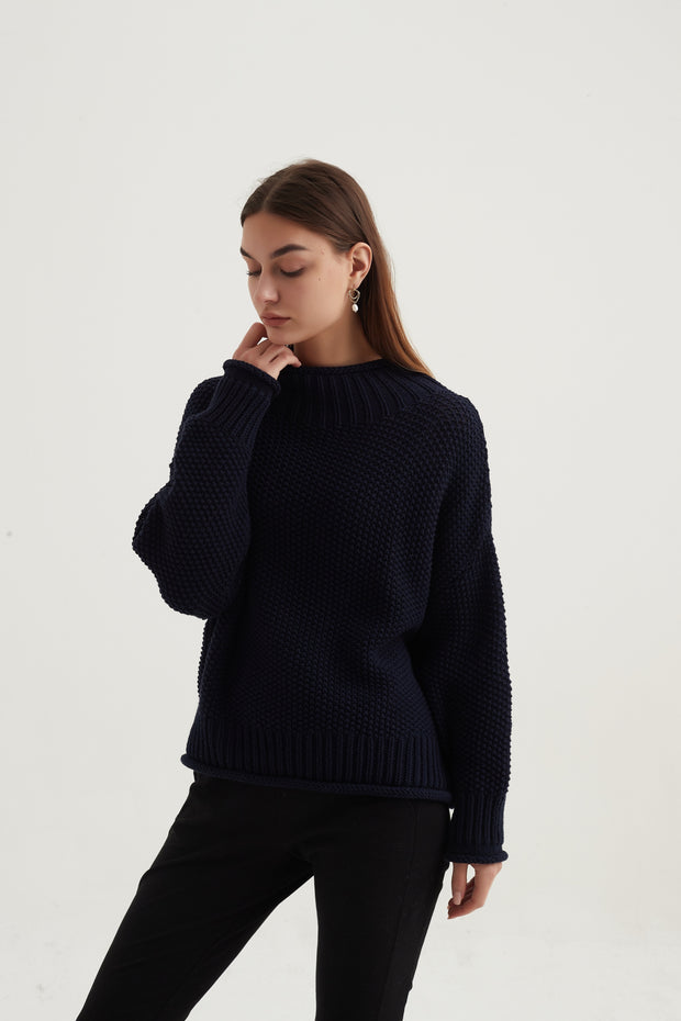 Tirelli - Chunky Knit Jumper with Rolled Hem in Navy (K2730)