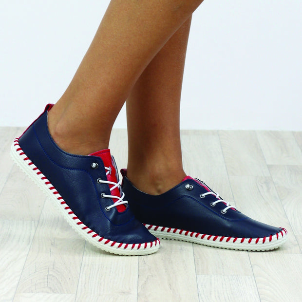 Lunar Shoes - Sandown Leather Plimsoll in Navy & Red